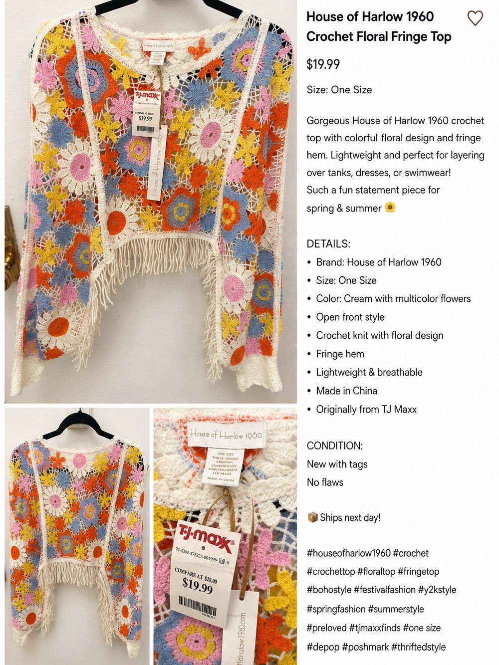 House of Harlow 1960 Crochet Fringe Top in Cream with Multicolor Flowers